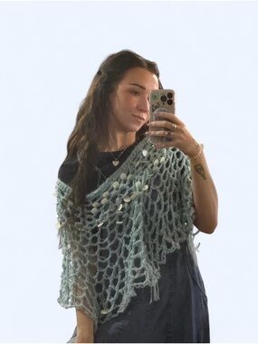 Sequin-Embellished Open-Weave Shawl - Poncho- Light Blue